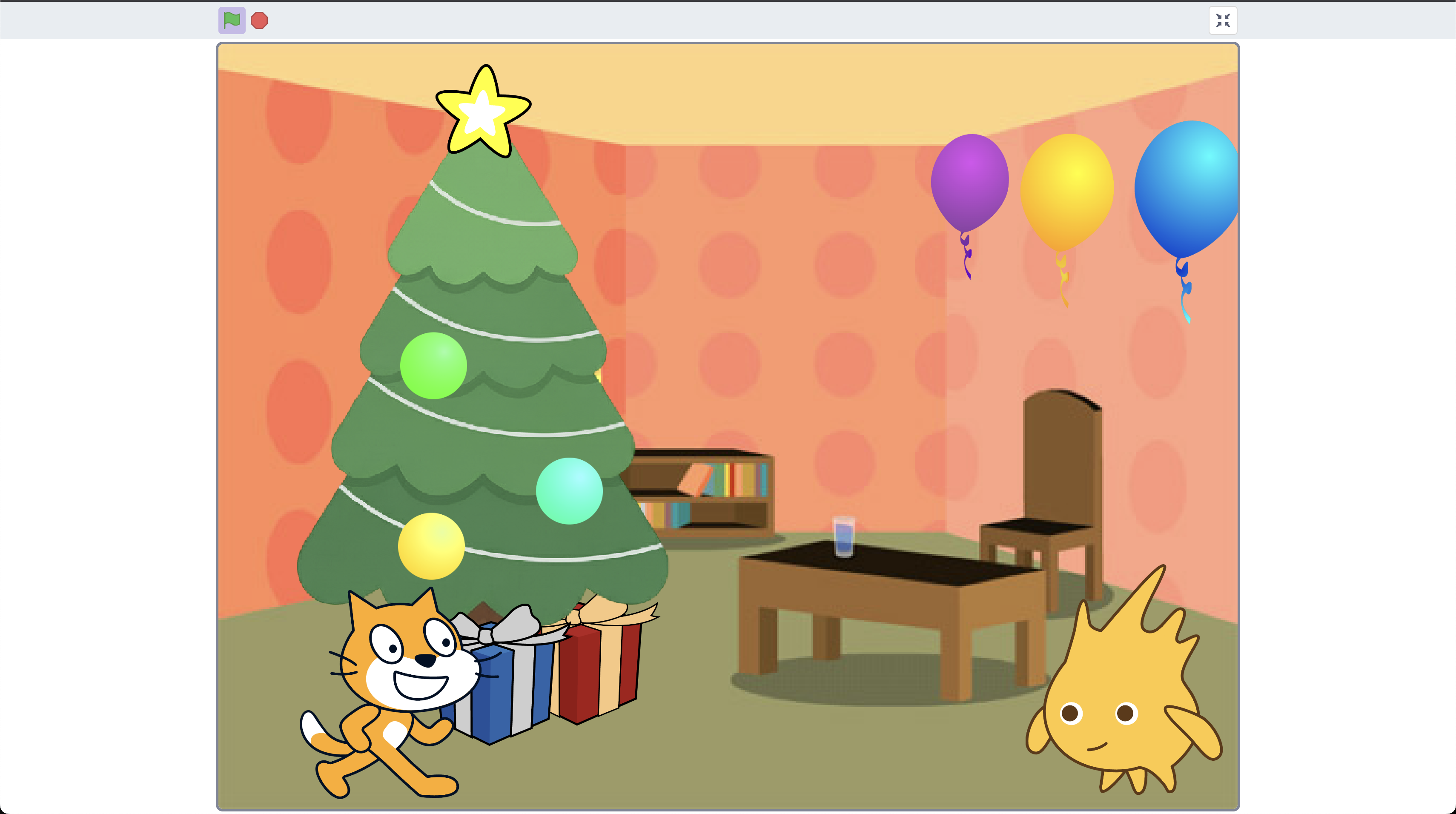 Scratchで完成した飾り付けプロジェクトの画面